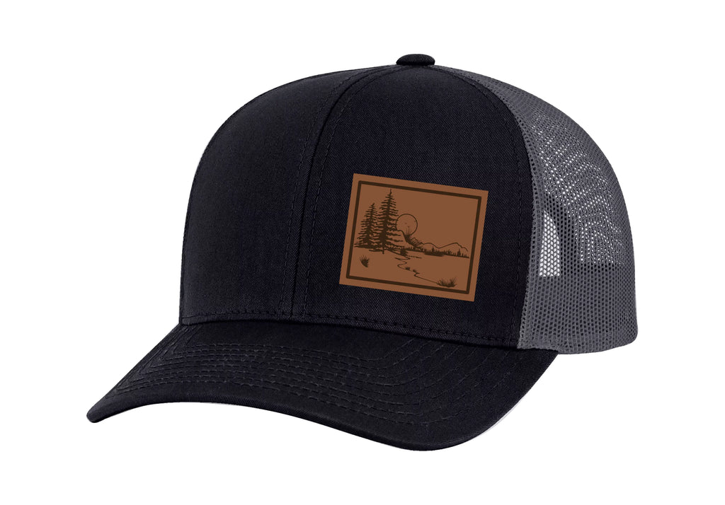 Men's Scenic Mountain View Outoors Laser Engraved Leather Patch Mesh Back Trucker Hat, Black/Black