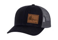 Men's Scenic Mountain View Outoors Laser Engraved Leather Patch Mesh Back Trucker Hat, Black/Black