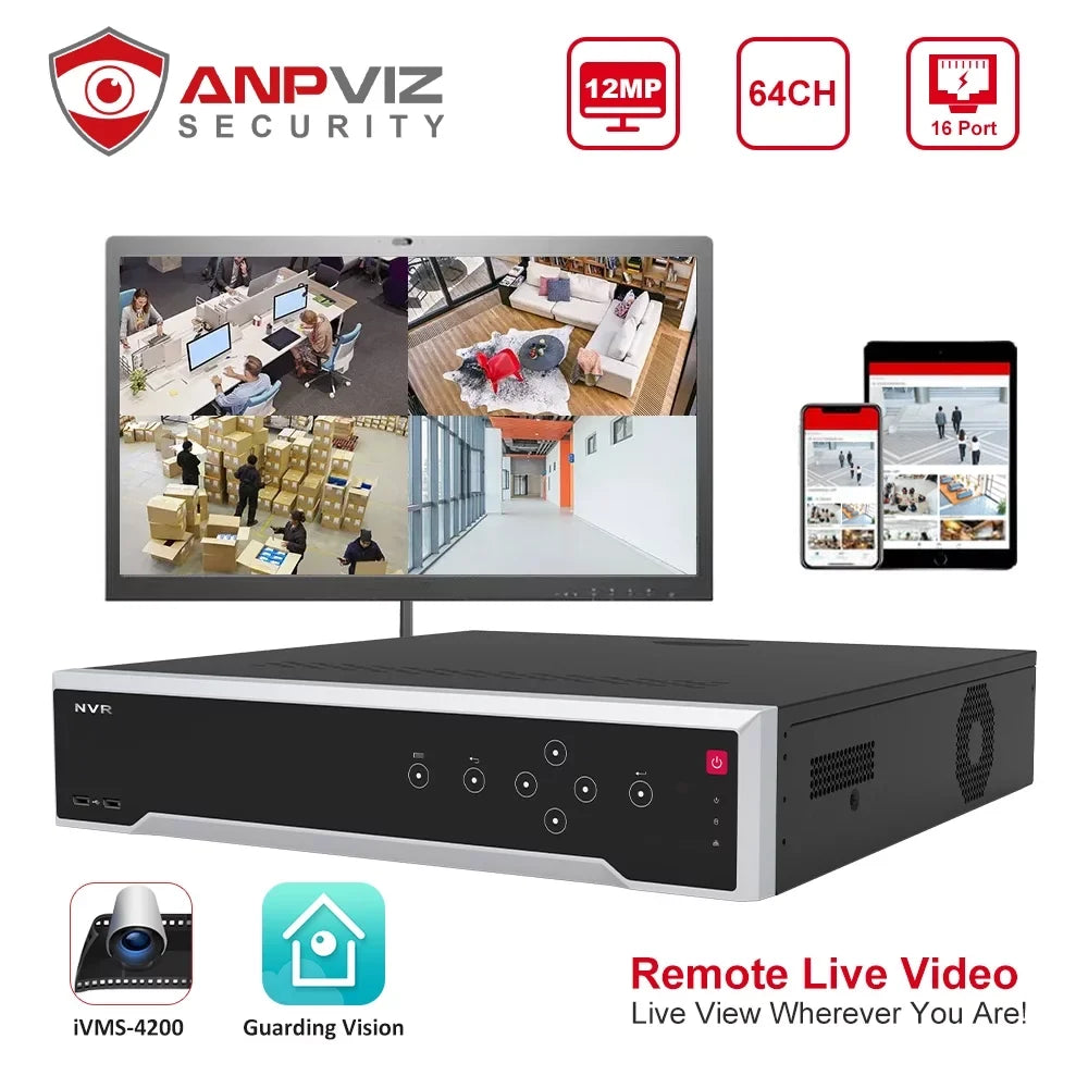 Anpviz 4K 12MP 64CH PoE Network Video Recorder , Embedded Plug & Play for 24/7 Video Recording, / Simultaneous Output