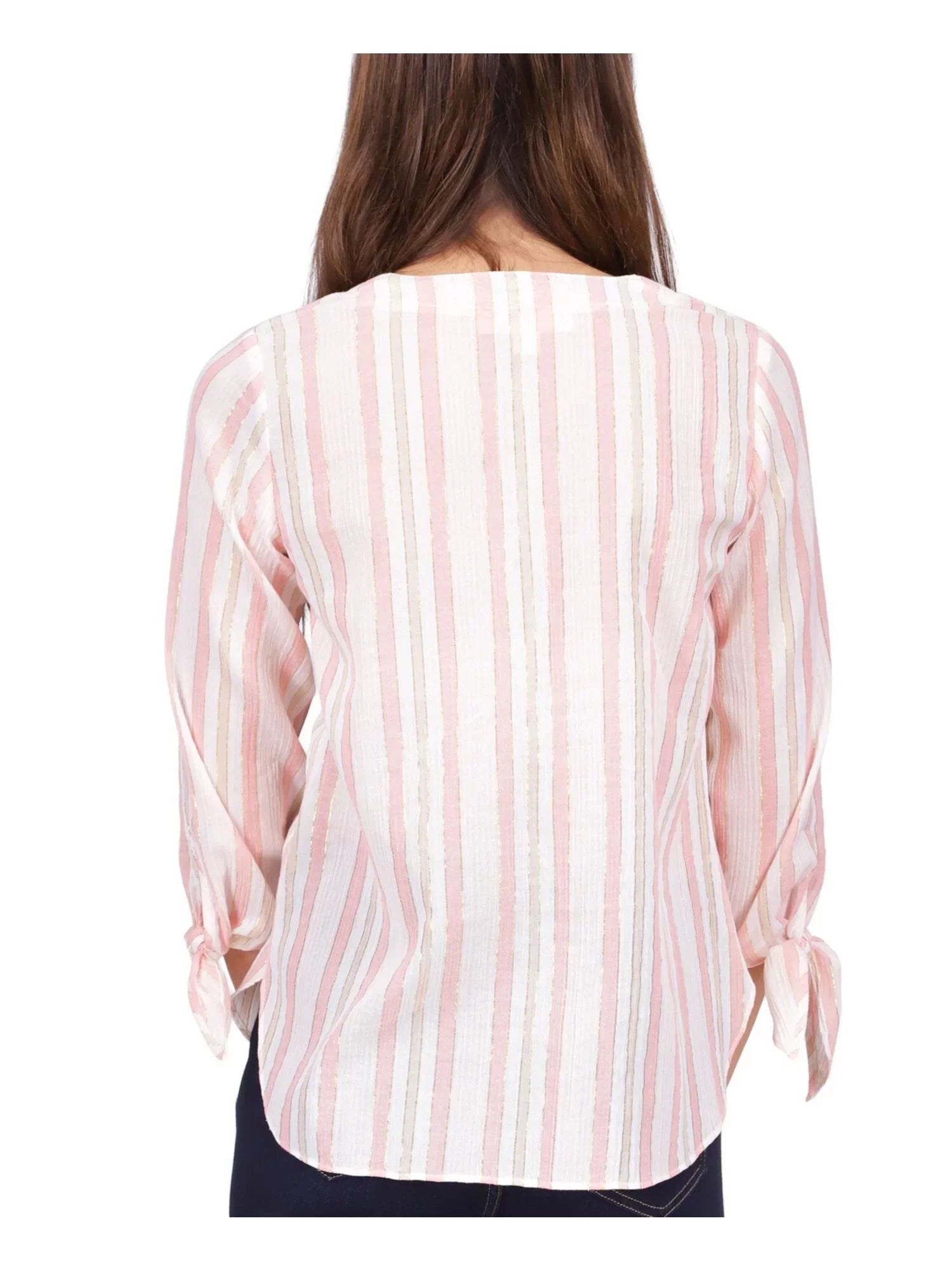 Womens Orange Sheer Tie Cuffs Unlined Round Hem Striped 3/4 Sleeve V Neck Top L