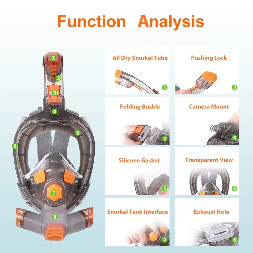 Snorkel Full Face Cover with Foldable Dry Snorkel Tube Anti-fog Anti-Leak Snorkeling Face Cover with Mount Storage Bag