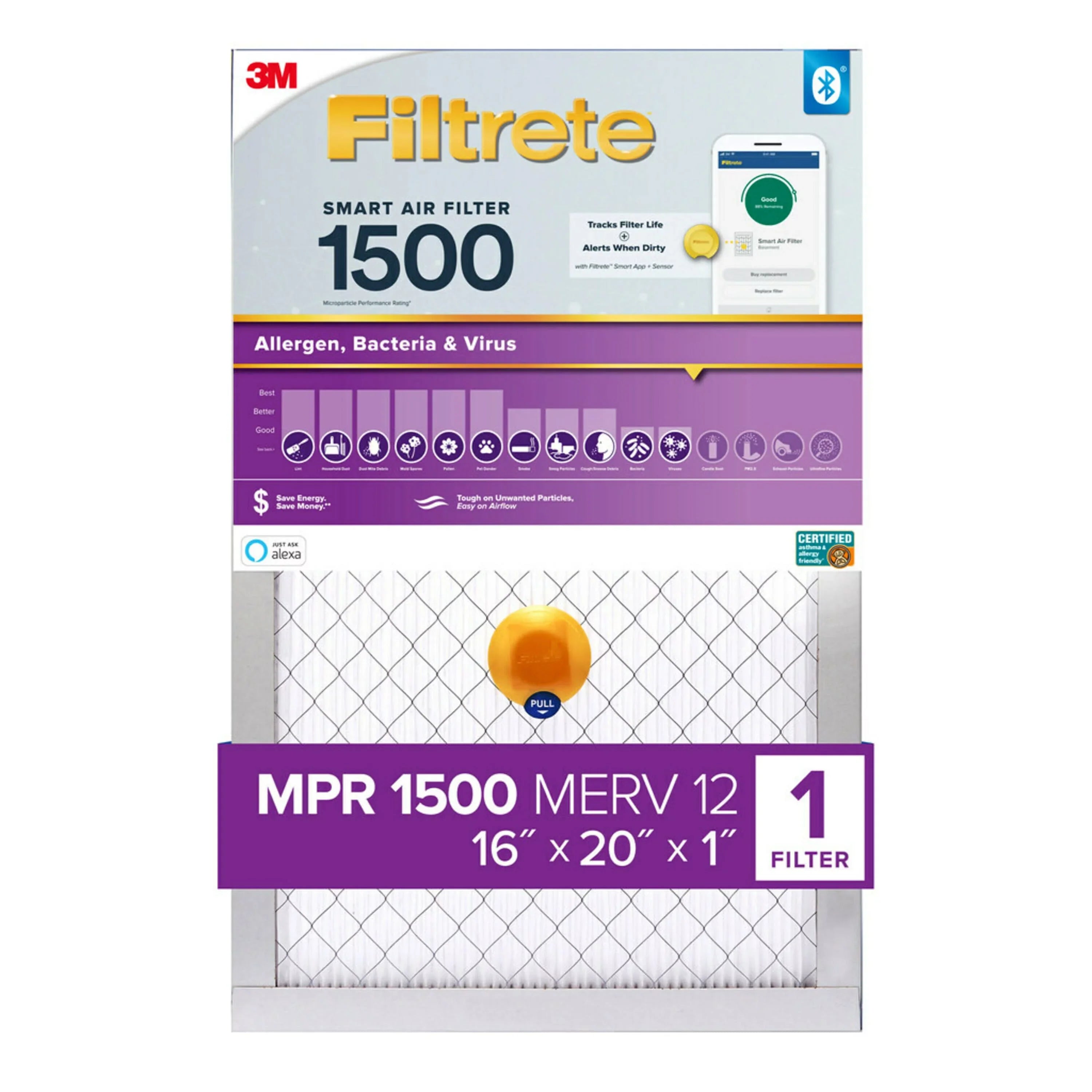 Filtrete 16x20x1 Smart Air Filter,  1500  12, Allergen, Bacteria Virus, 1 Filter