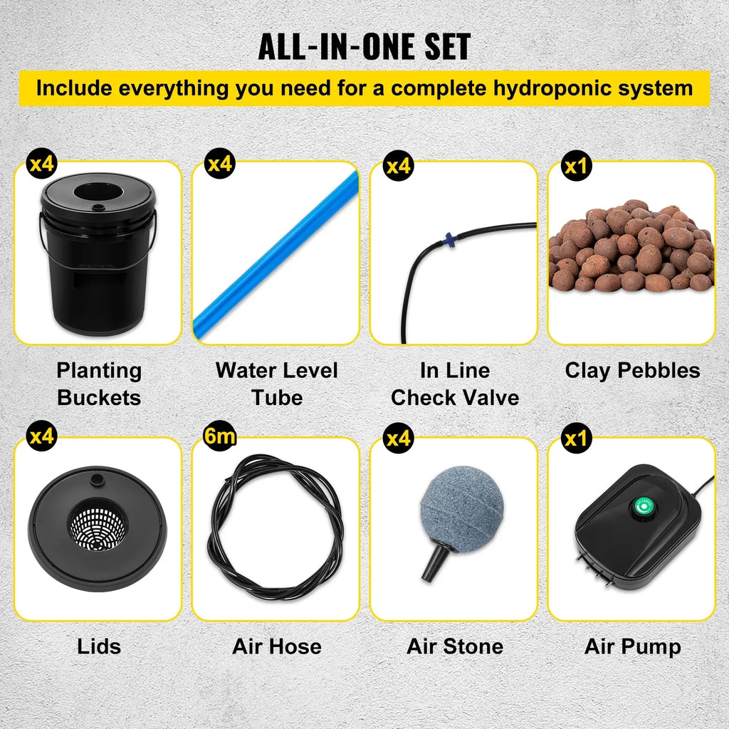 5 Gallon 4 Buckets  Hydroponic System Deep Water Culture Growing Bucket, Hydroponics Grow Kit with Pump