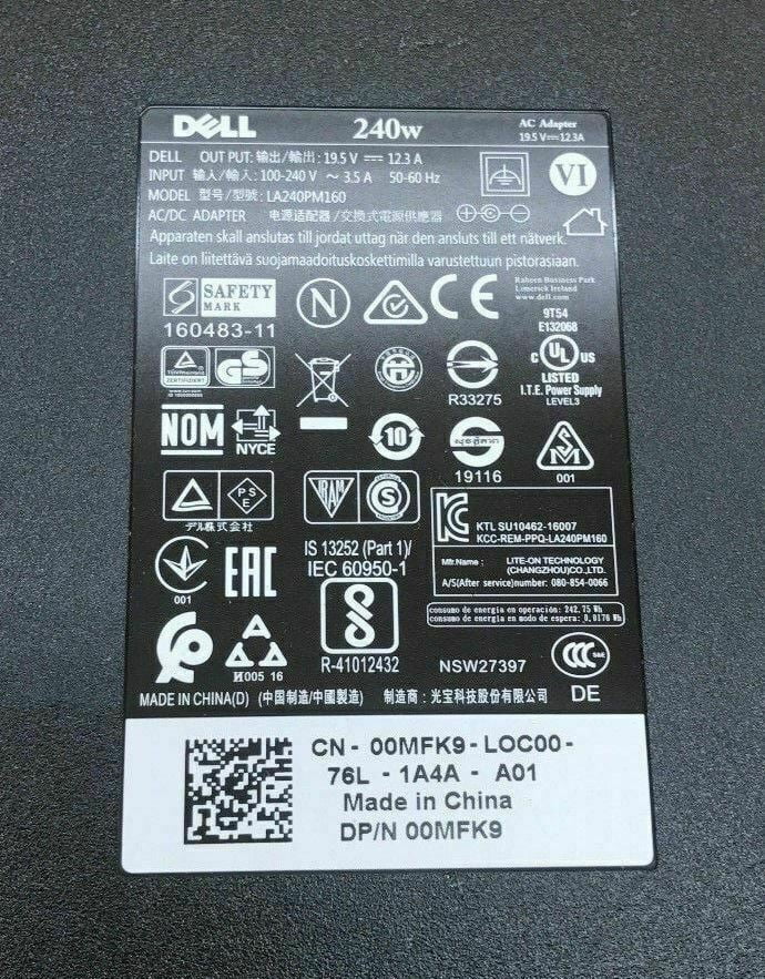 Lot of 10 Genuine Dell 240W 19.5V 12.3A Laptop Power Charger GA240PE1-00