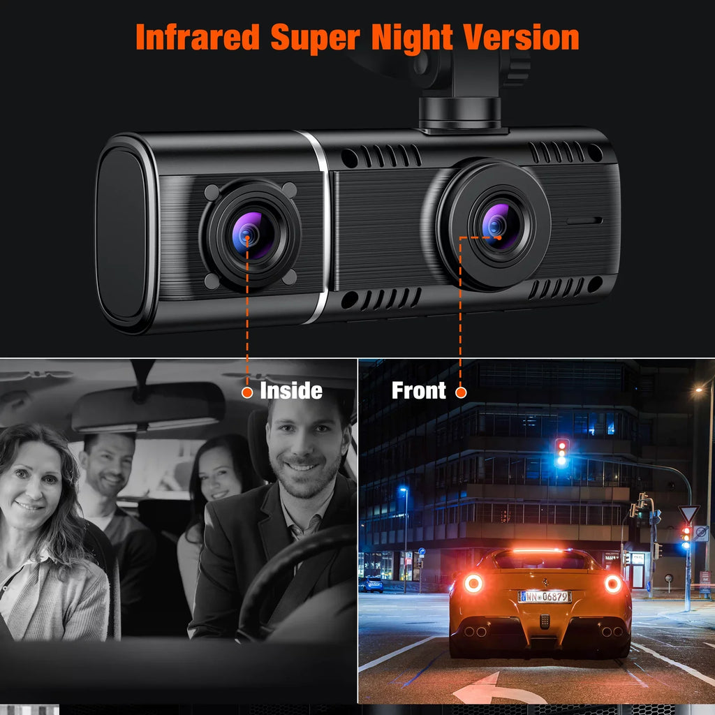 3 Channel Car Camera Dash Cam Front and Rear Inside with  Night Vision 1080P Dash Camera Three Way Triple Parking Monitor Motion Detection Accident Lock