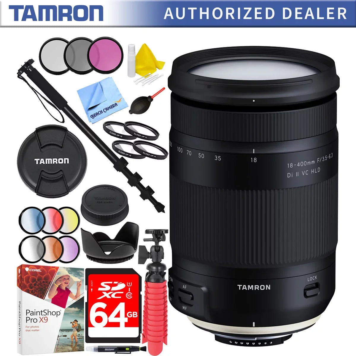 Tamron 18-400mm f/3.5-6.3 Di    All-In-One Zoom Lens for Nikon Mount with 72mm Filter Sets Plus 64GB Accessories Bundle