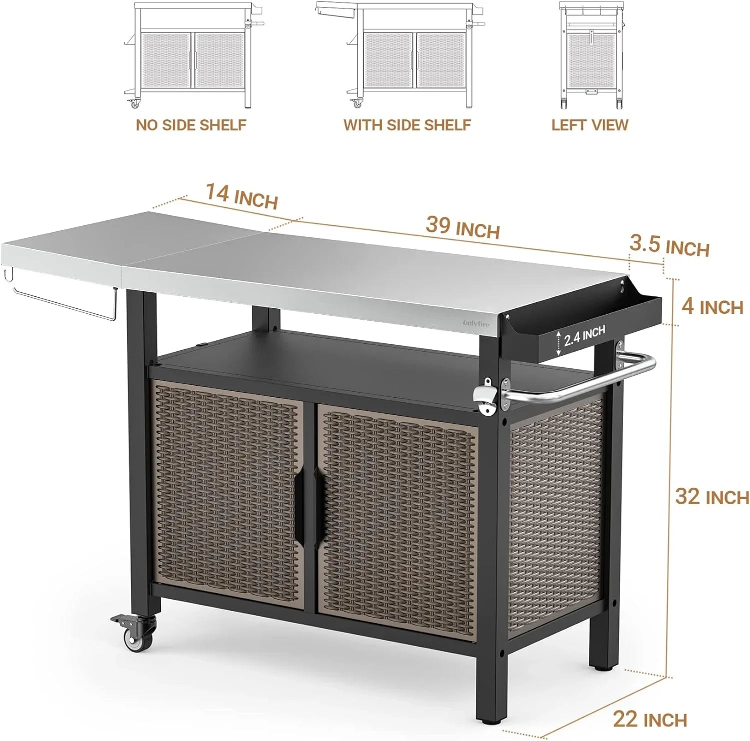 53-Inch Dining Cart Table Storage Cabinet with  Stainless Steel Countertop, Rolling Kitchen Island Worktable with Side Shelf and Wheels for Indoor Outdoor
