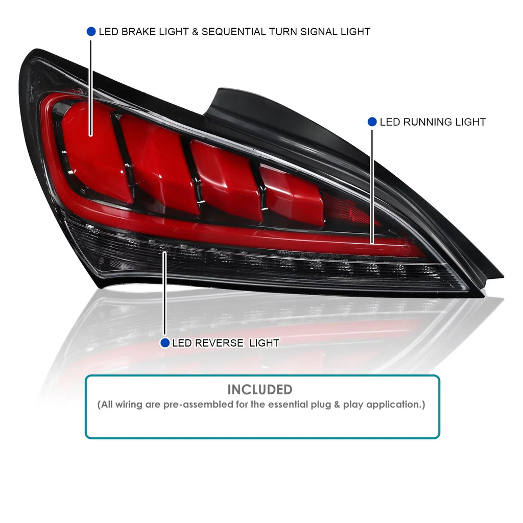 Spec-D Tuning Jet Black Housing Clear Lens Red Sequential  Bar Tail Lights Compatible with 2010-2016 Hyundai Genesis Coupe Left + Right Pair Assembly