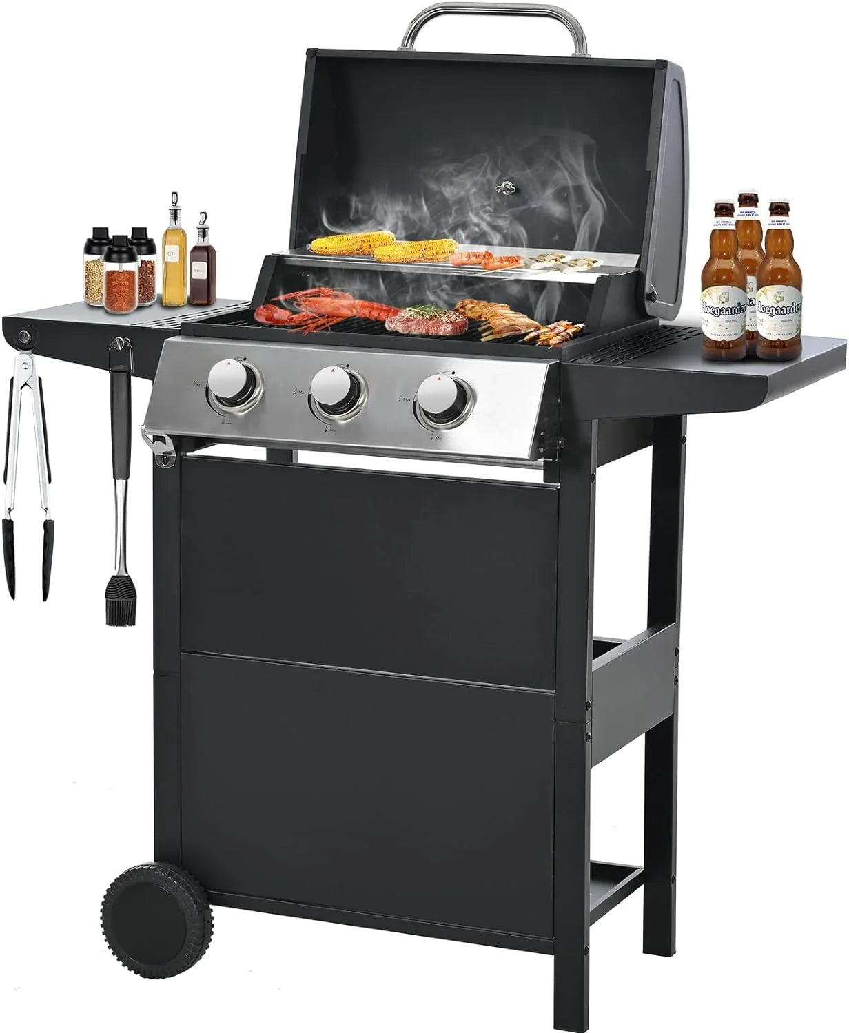 Forclover Stainless Steel Portable Propane Gas Grill, 3-Burner  Grill with Top Cover Lid, Wheels, and 2 Side Shelves, for Outdoor Patio Garden Picnic Backyard