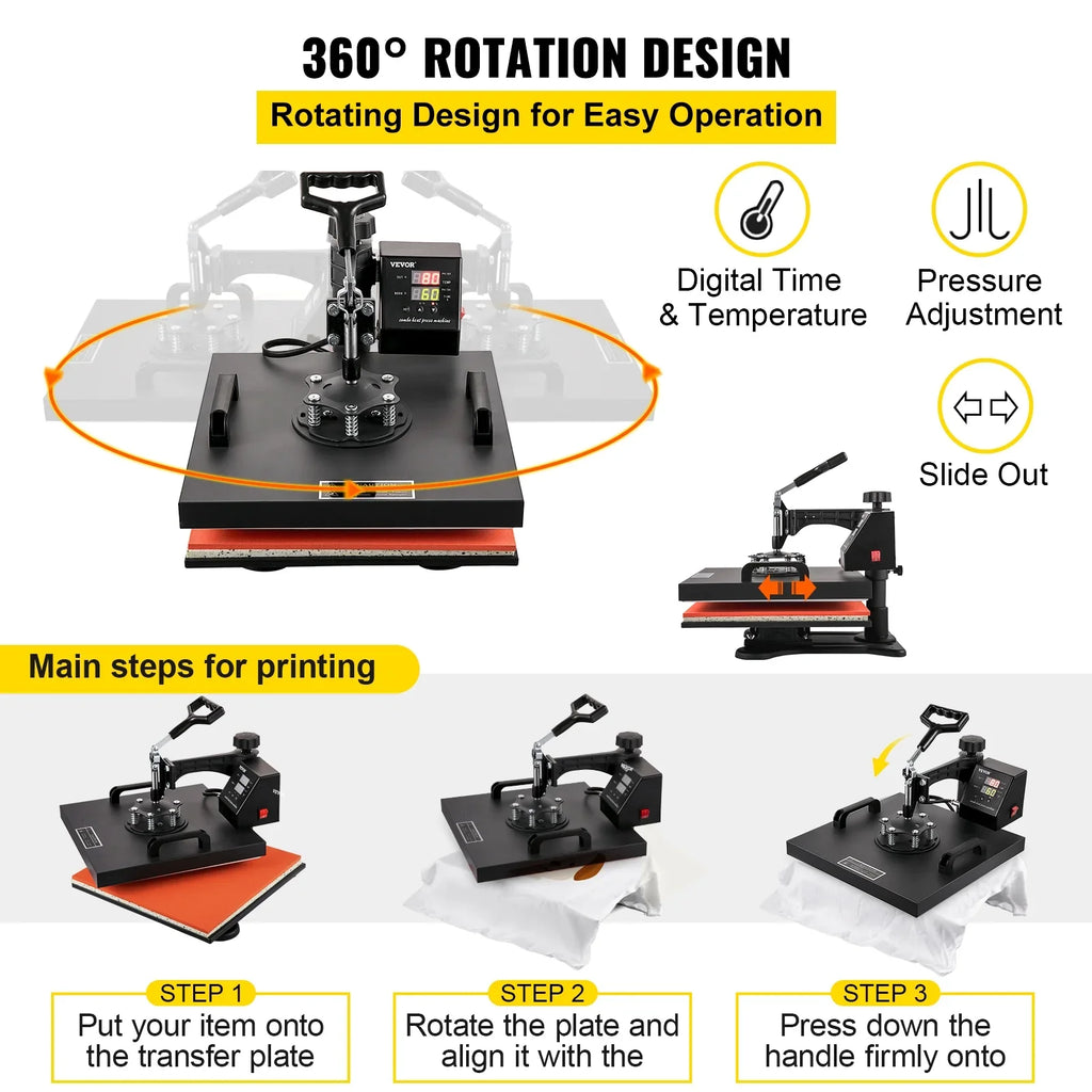 Heat Press Machine 15"x15" 8 in 1 Combo Digital Multifunctional Sublimation Heat Transfer Machine Dual  Display 360 Degree Rotation Swing Away