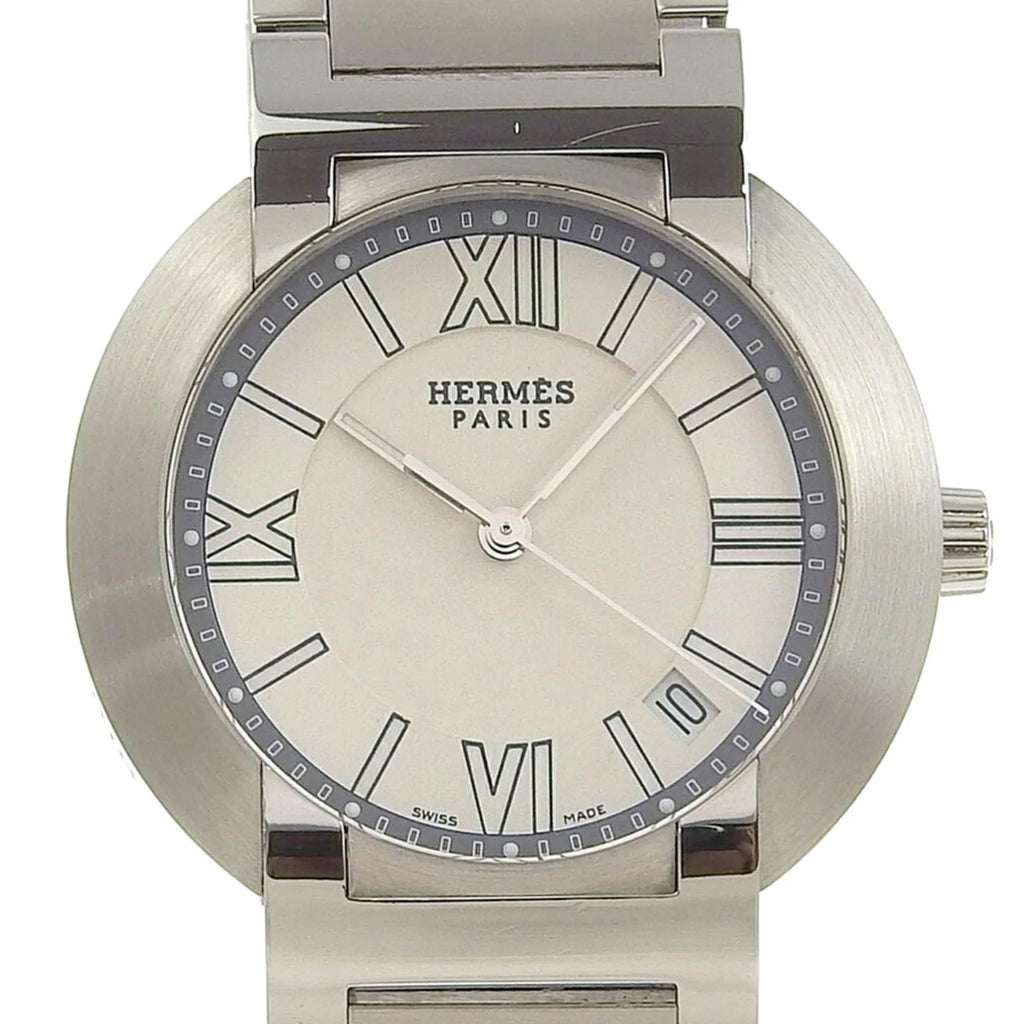 Pre-Owned Hermes Nomad Watch NO1.710 Stainless Steel Swiss Made Silver Quartz Analog Display White Dial Men's (Fair)