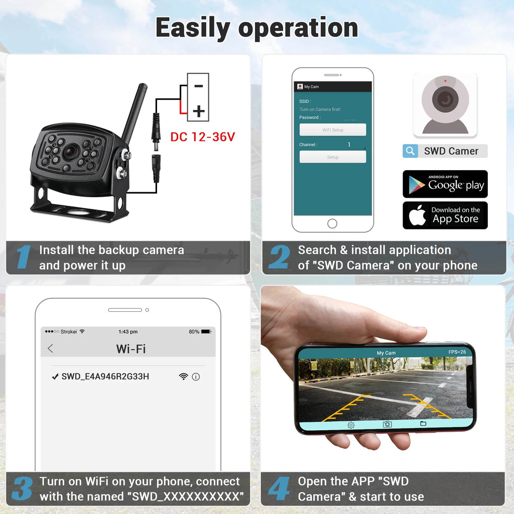 Yescom Wireless Backup Camera WiFi Rear View Waterproof Wide Angle Digital Signal for Trailer Truck  Camper Compatible with iPhone Android