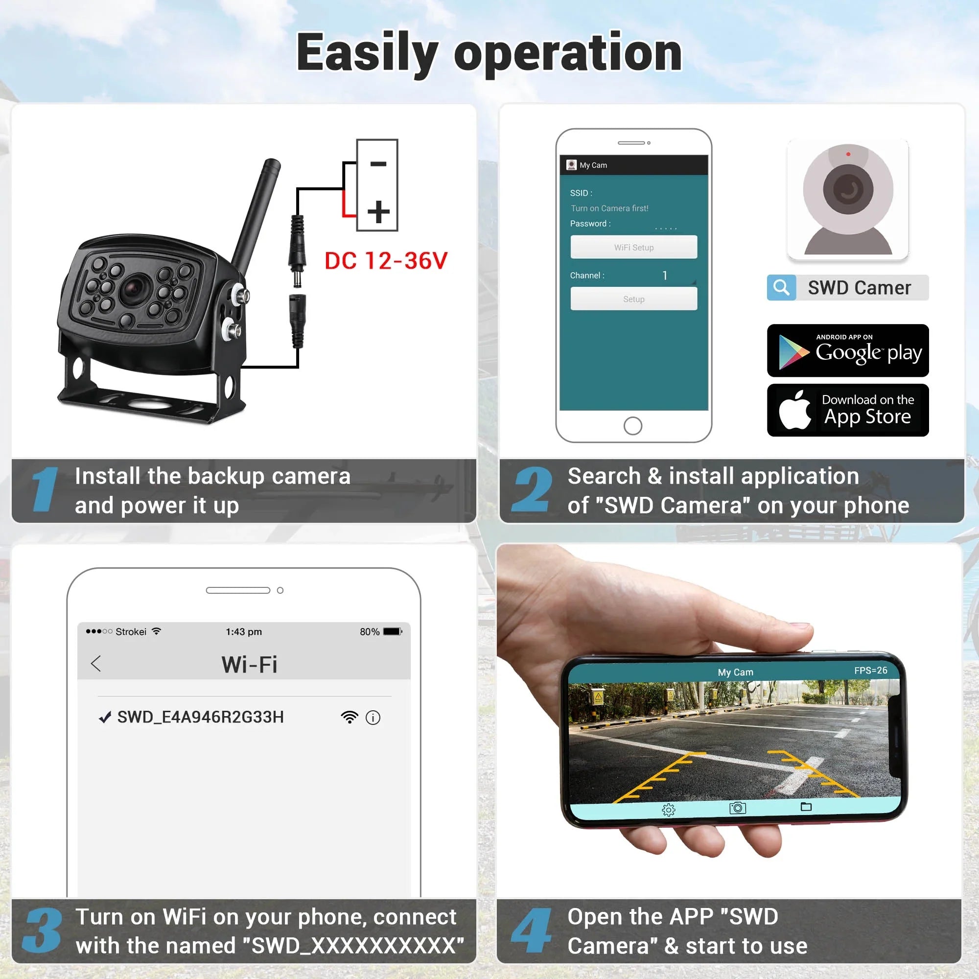 Yescom Wireless Backup Camera WiFi Rear View Waterproof Wide Angle Digital Signal for Trailer Truck  Camper Compatible with iPhone Android