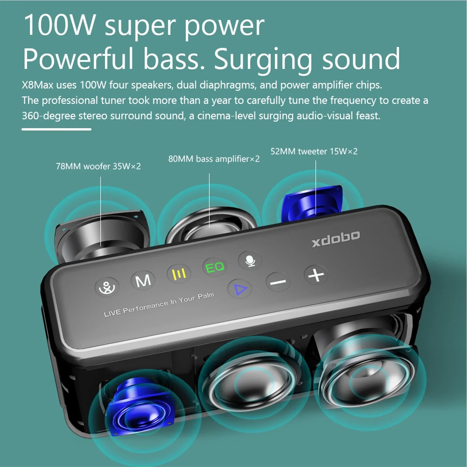 Tomshine  X8  Portable Wireless Speaker 100W, IPX5 Waterproof, Stereo, HiFi Sound, // Card, Subwoofer, Party Use