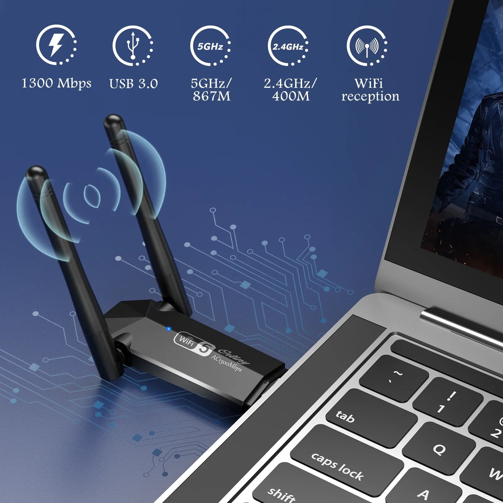 WiFi Adapter, Ortiny 1300Mbps WiFi  Dual Band 5G/2.4G Wireless Network Adapter for Desktop Laptop , Dual Band WiFi Dongle Wireless Adapter for Supports Windows 11/10/8/7, Mac  10.9-10.15