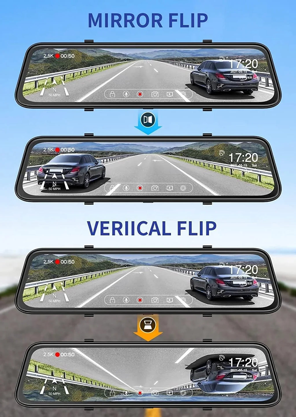 K17 Dash Cam 4K  12" Rear View Mirror Camera 2160P Ultra  Front and Rear Night Vision Parking Assistante 64GB Card