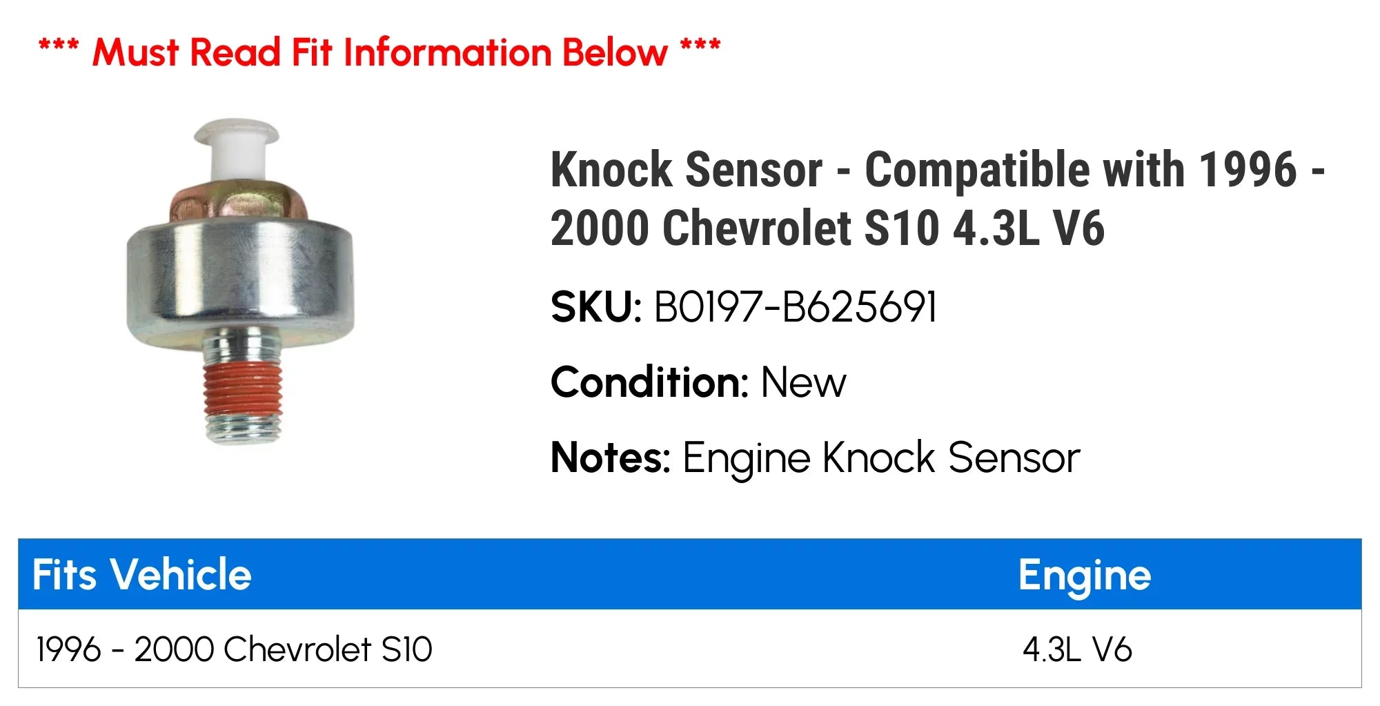 Knock Sensor - Compatible with 1996 - 2000 Chevy S10 4.3L V6 1997 1998 1999