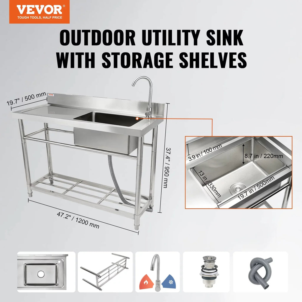 Commercial Utility & Prep Sink Single Bowl w/Workbench 47.2x19.7x37.4 in