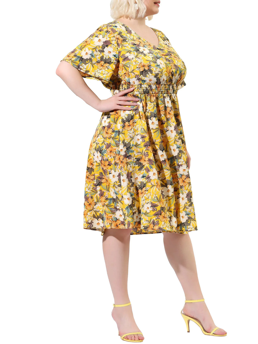 Juniors' Plus V Neck Floral Print Flare Sleeve Casual Midi Dress Yellow 3X