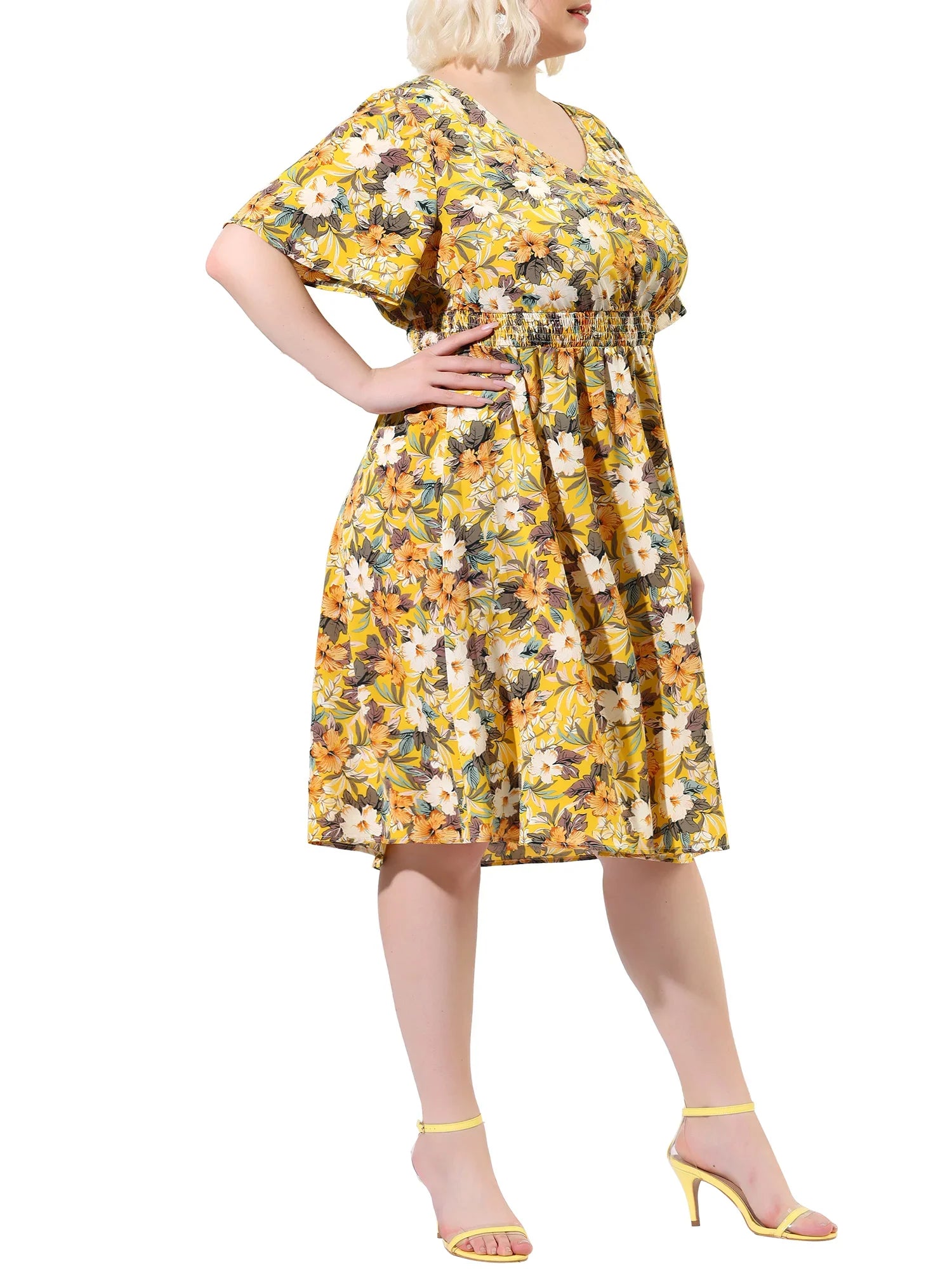 Juniors' Plus V Neck Floral Print Flare Sleeve Casual Midi Dress Yellow 3X