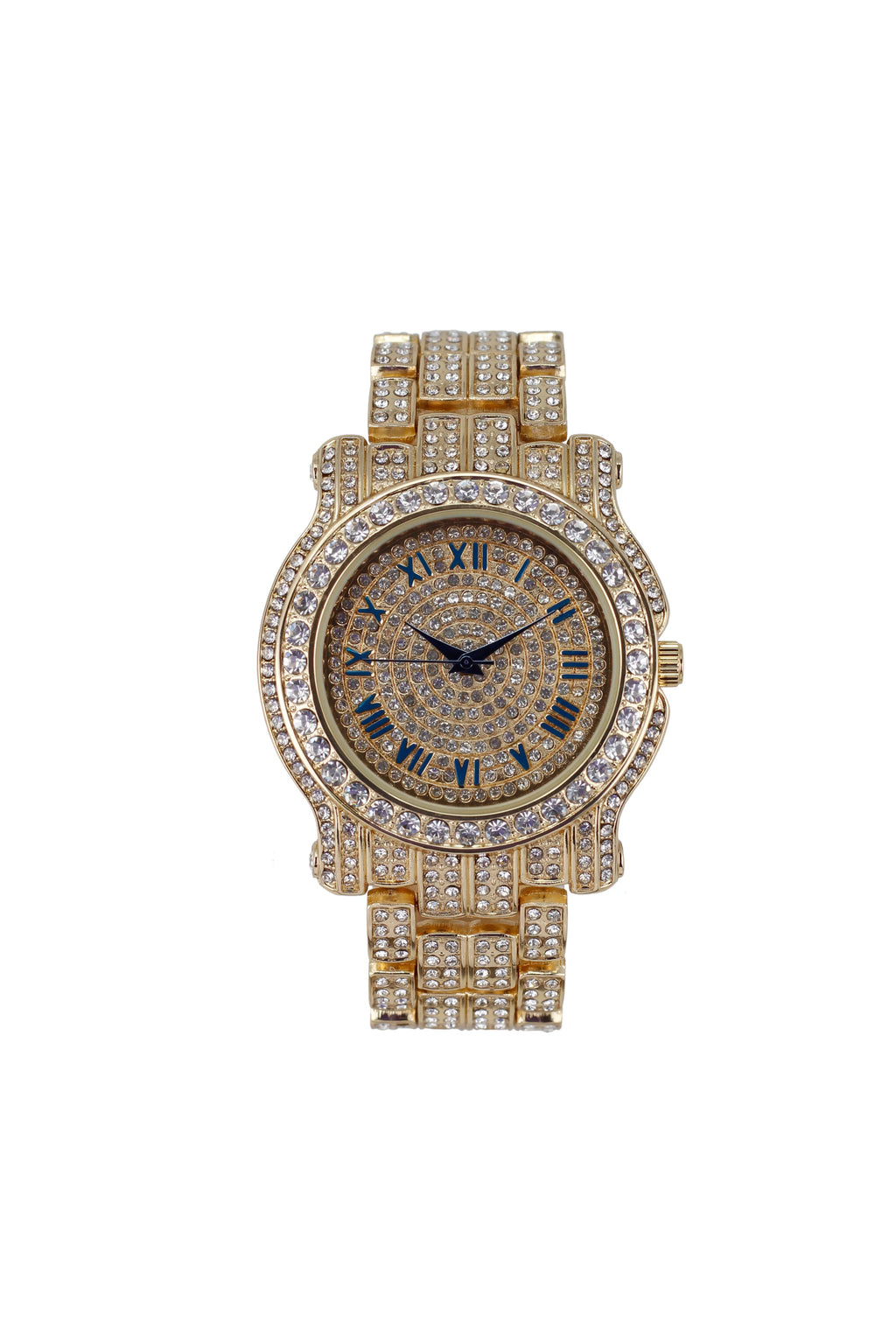 Bling-ed Out Round Luxury Mens Watch w/Bling-ed Out Cuban Bracelet and Iced King Ring Set - L0504  3pc Set(11,Gold #Blue)