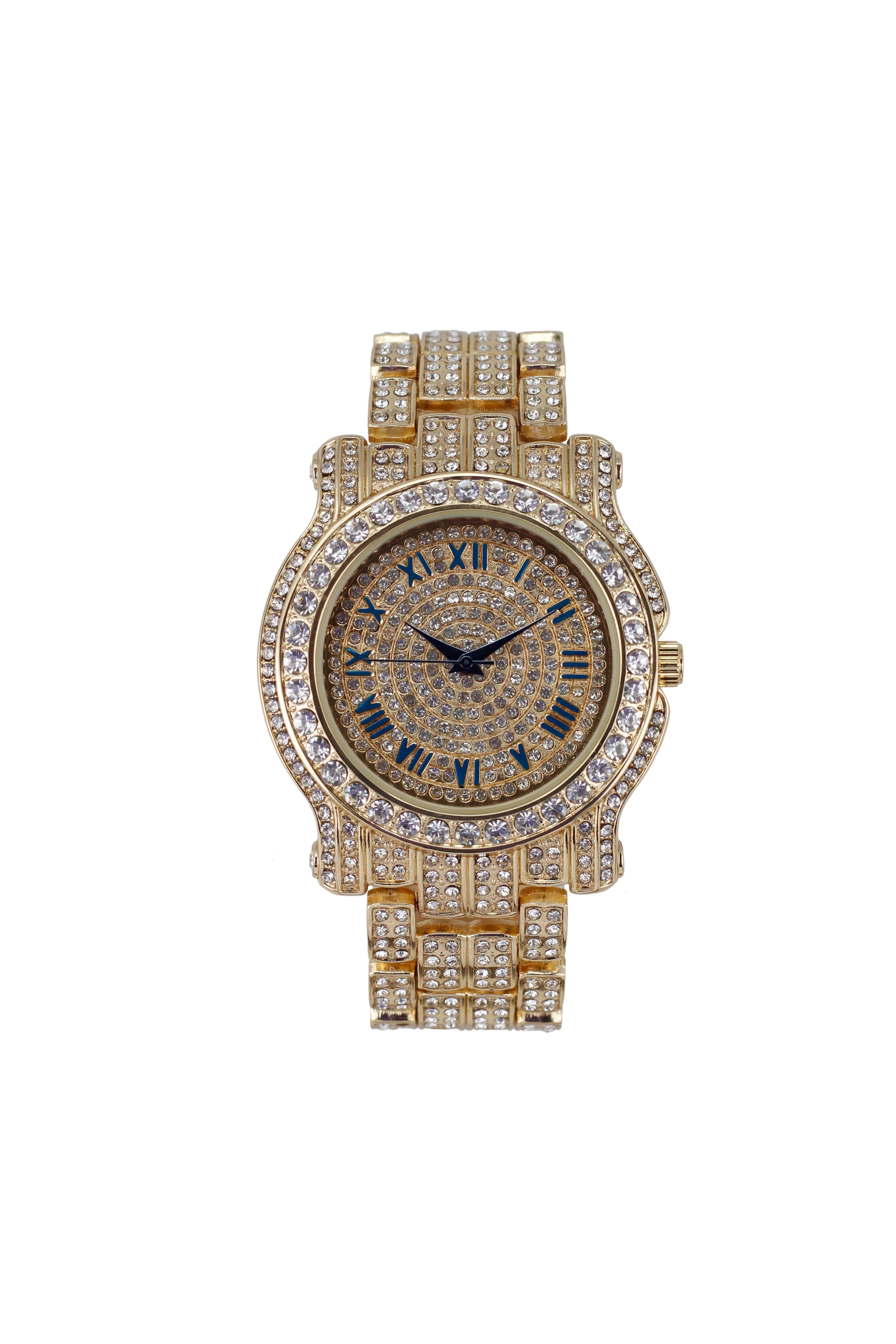 Bling-ed Out Round Luxury Mens Watch w/Bling-ed Out Cuban Bracelet and Iced King Ring Set - L0504  3pc Set(11,Gold #Blue)