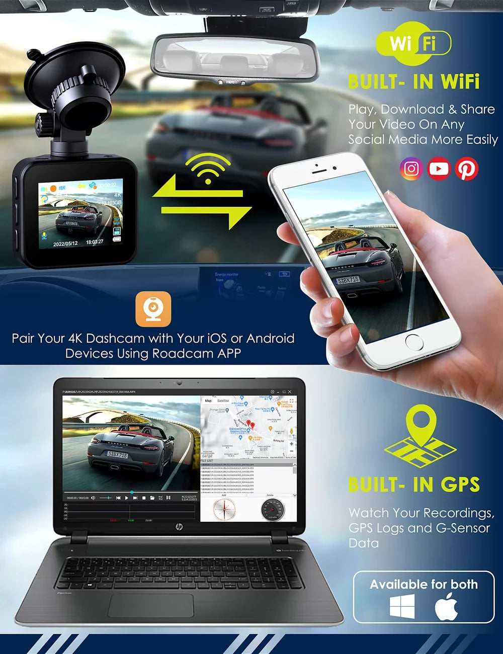 Dash Cam 4K WiFi 2160P Car Camera, Dash Camera for Cars, Mini Front Dash cam for Cars with Night Vision, Loop Recording, G-Sensor,24H Parking Monitor, Supercapacitor,Voice Prompt,