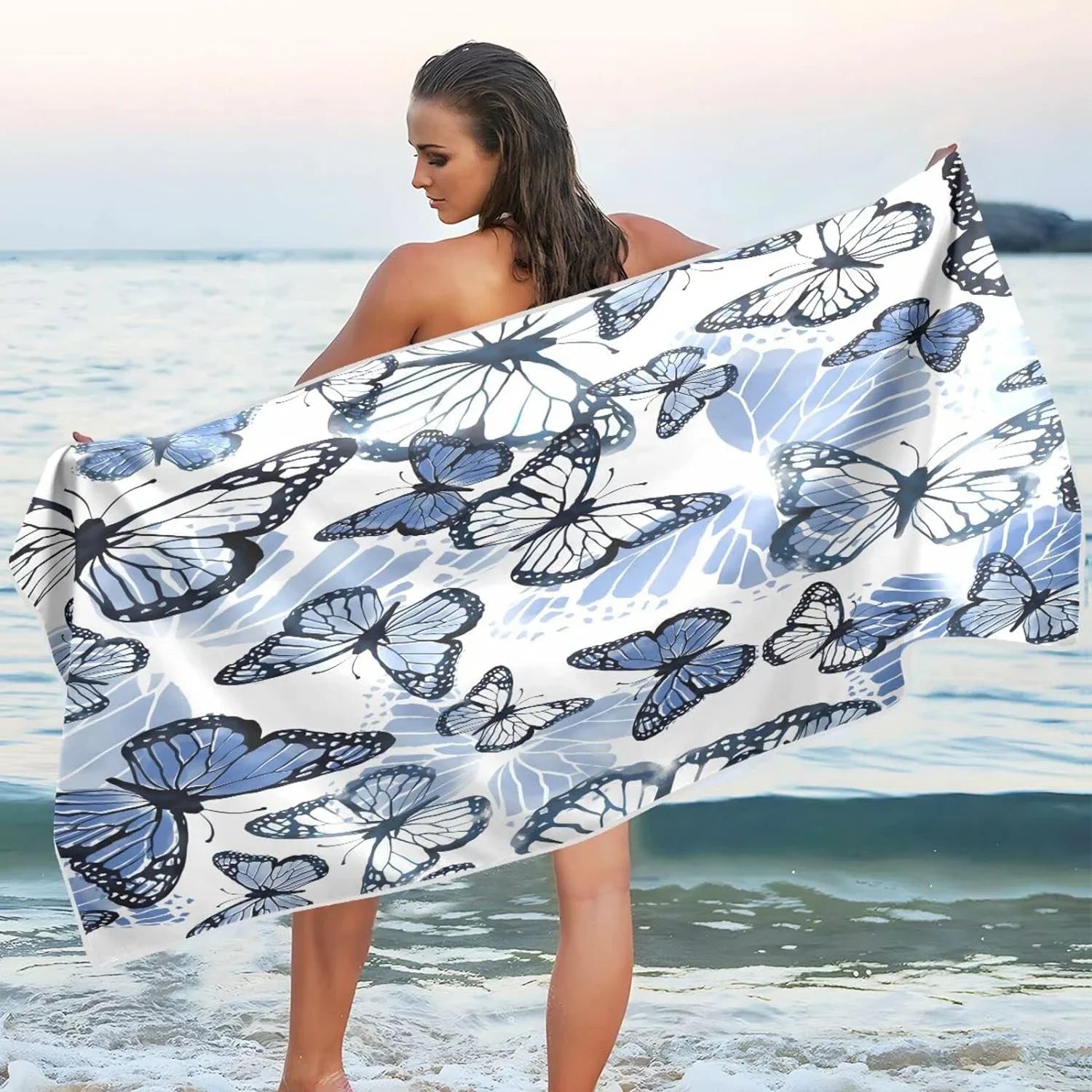 Bestwell Blue Butterfly Beach Towel Oversized Towel Blanket, Thin Lightweight Microfiber Sand Free Quick Dry Towel, 30”X60” Multipurpose Pool Bath Yoga Swim Shower Towel