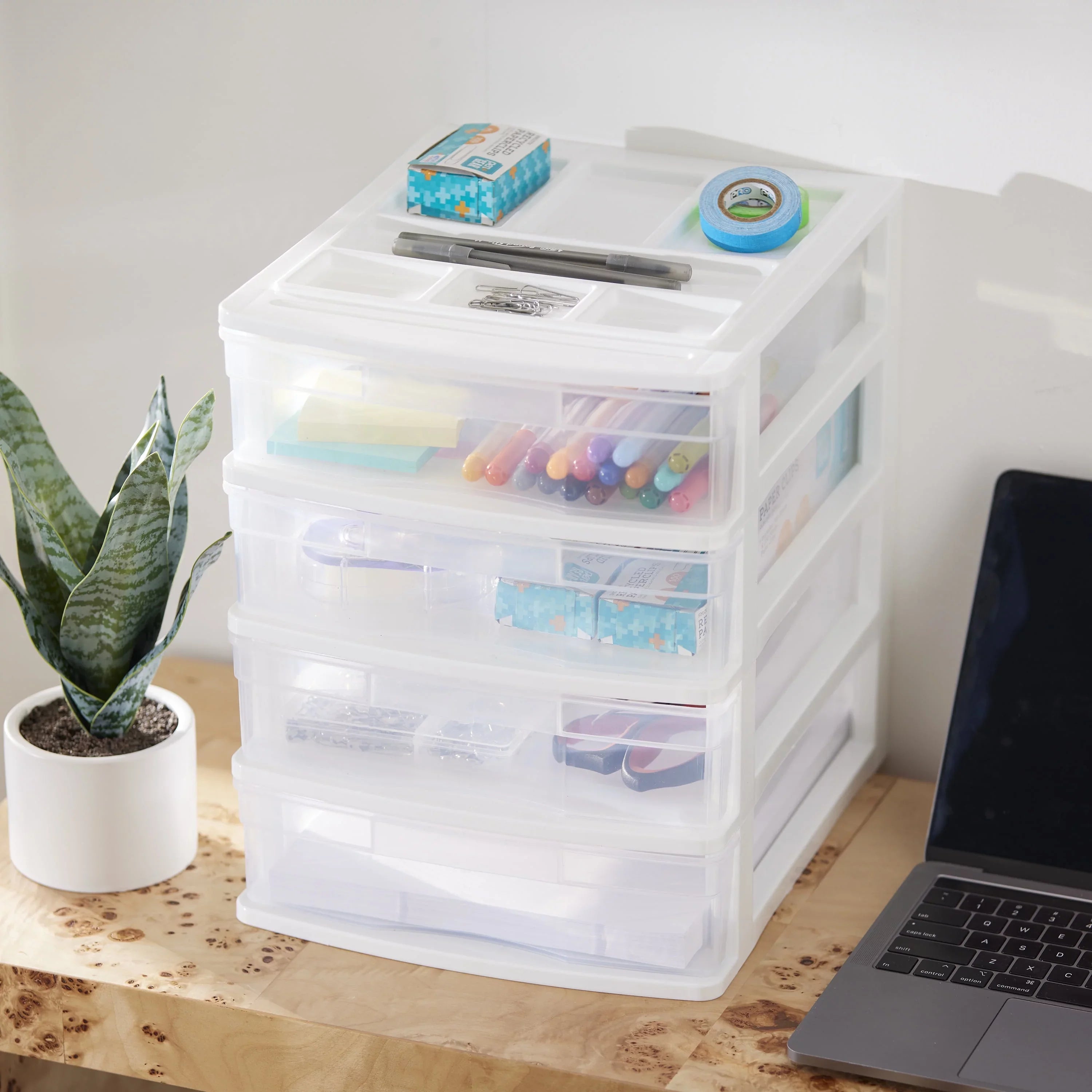 Gracious Living 4 Drawer Desktop Storage w/ Organizer Lid, White (4 Pack)
