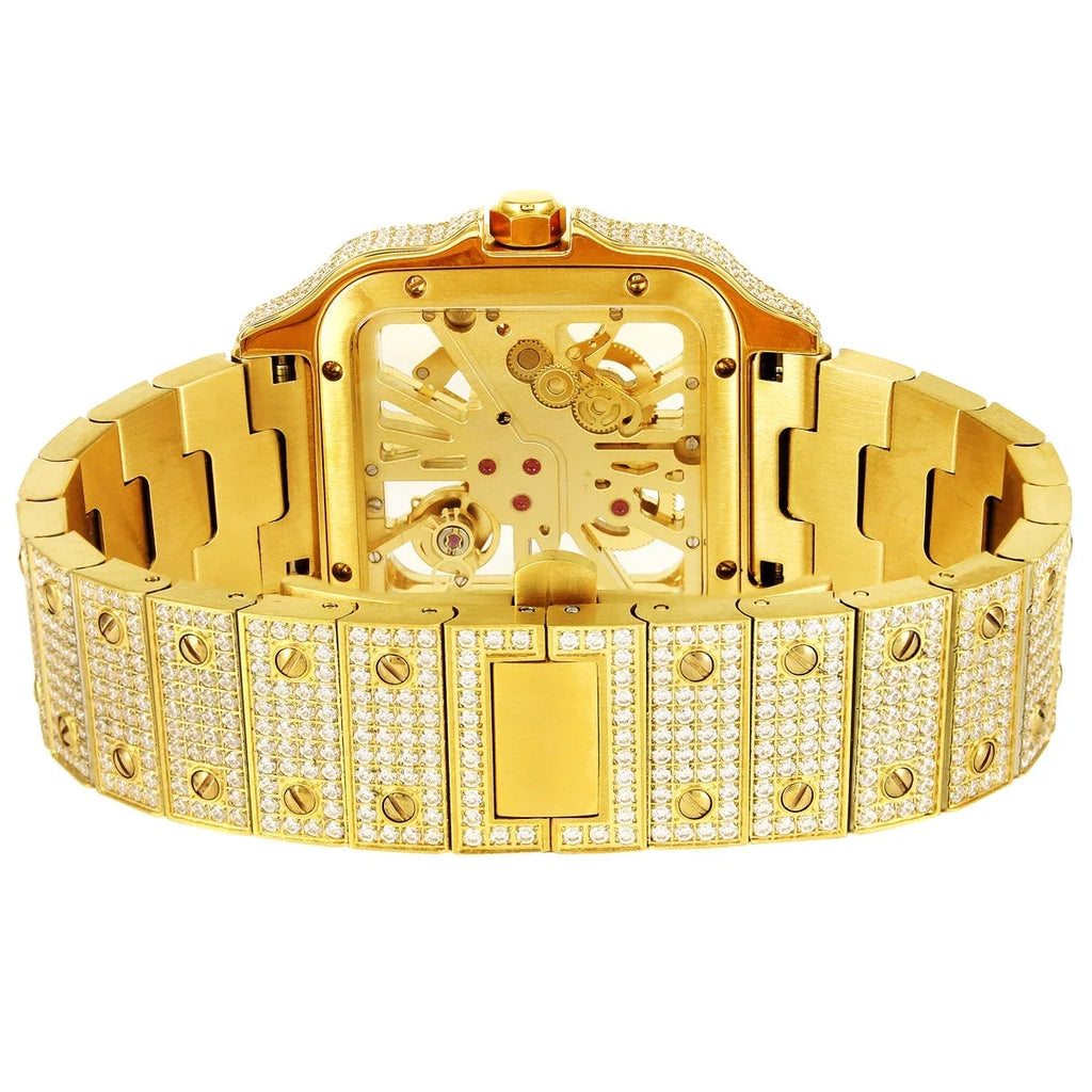 Mens Moissanite Diamond Skeleton Dial 14K Gold Tone Stainless Steel Custom Automatic Watch