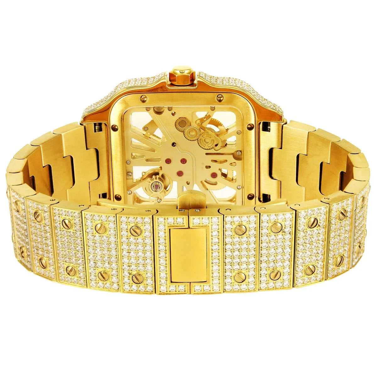 Mens Moissanite Diamond Skeleton Dial 14K Gold Tone Stainless Steel Custom Automatic Watch