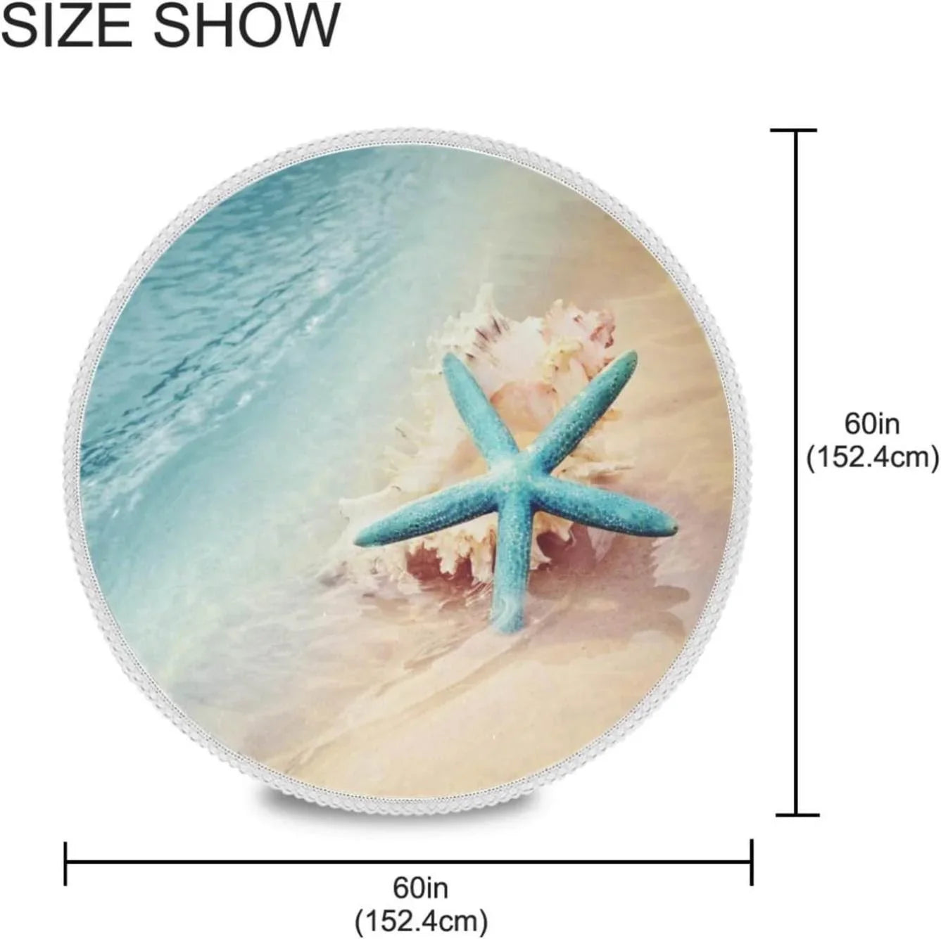 Starfish Summer Beach Round Tablecloth 60inch Indoor Wrinkle Free, Sea Wave Conch Circular Lace Table Cover Washable for Kitchen Party  Dining Decor