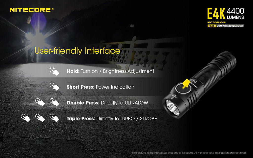 E4K Next generation 21700 Compact  Flashlight - 4x  -L2 V6 - 4400 Lumens w/ 1x  21700 Rechargeable Li-ion Battery and  Eco-Sensa Battery Case