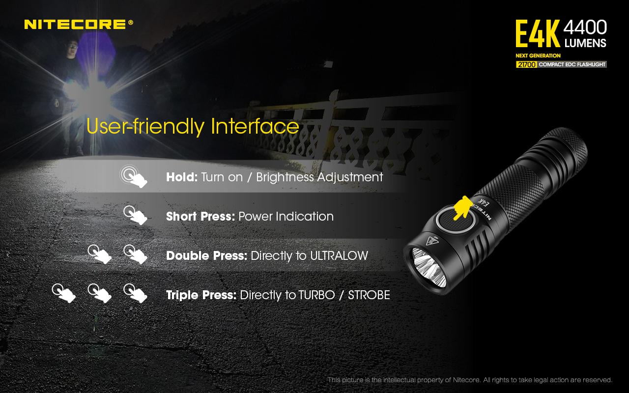 E4K Next generation 21700 Compact  Flashlight - 4x  -L2 V6 - 4400 Lumens w/ 1x  21700 Rechargeable Li-ion Battery and  Eco-Sensa Battery Case