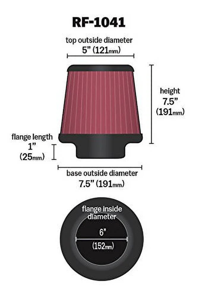 K&N Universal Clamp-On Engine Air Filter: Washable and Reusable: Round Tapered; 6 in (152 mm) Flange ; 8.5 in (215.9 mm) Height; 7.5 in (191 mm) Base; 5 in (127 mm) Top , -1041