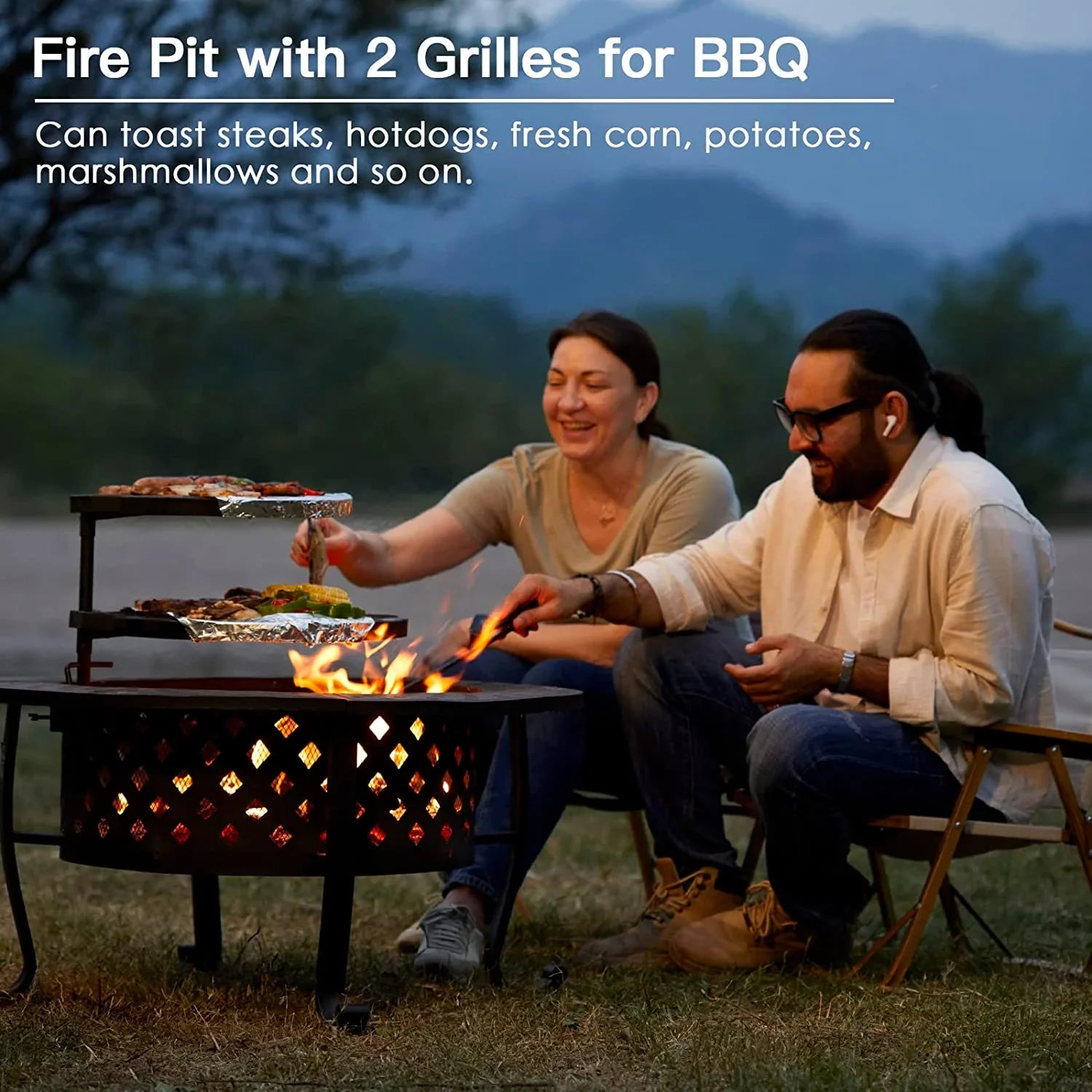 36 Inch Fire Pit with 2 Grill, Outdoor Wood Burning Firepit with Lid, Metal Round Table for Backyard Patio Garden Picnic Camping Bonfire