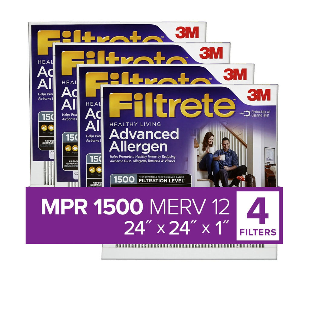 Filtrete 24x24x1 Air Filter,  1500  12, Advanced Allergen Reduction, 4 Filters