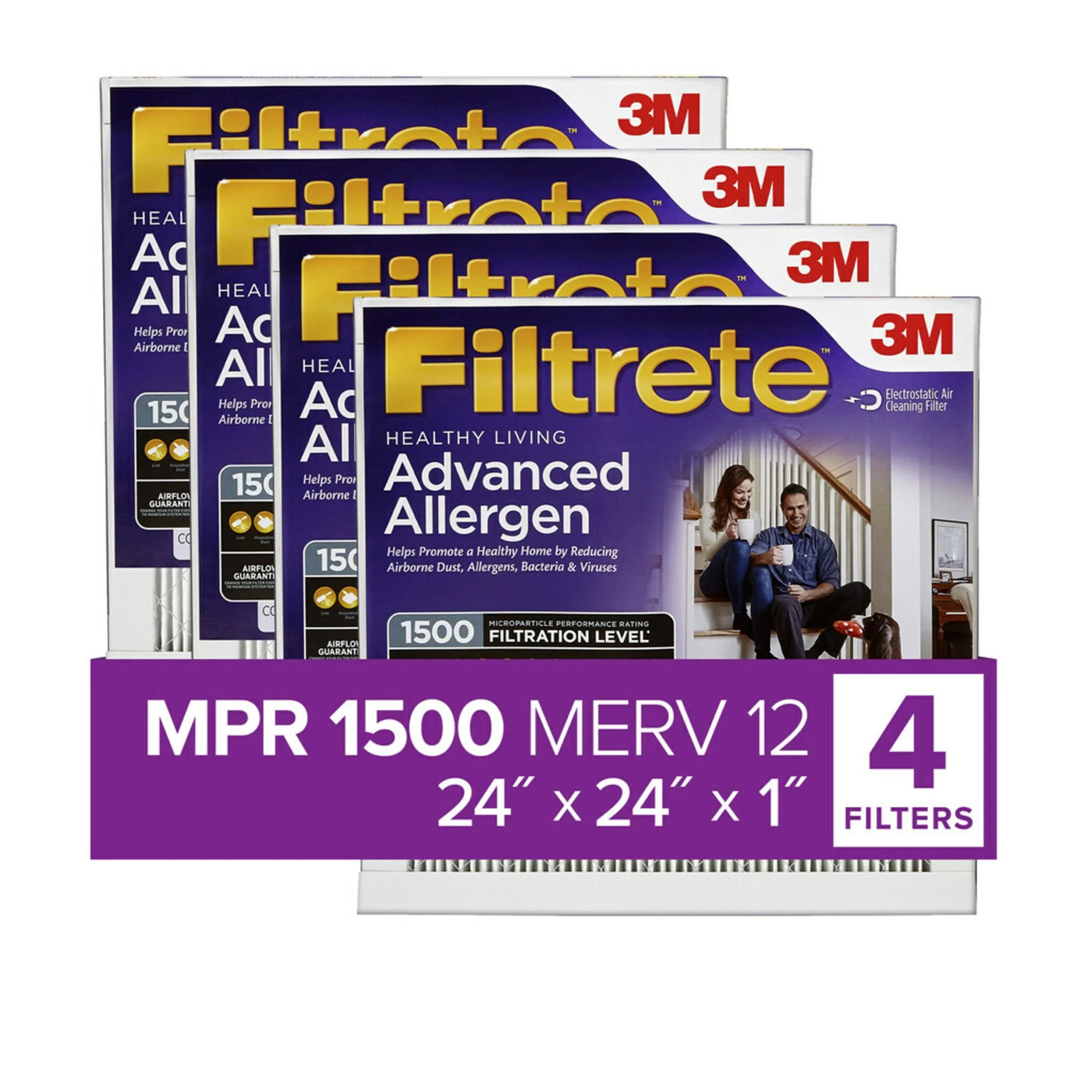 Filtrete 24x24x1 Air Filter,  1500  12, Advanced Allergen Reduction, 4 Filters