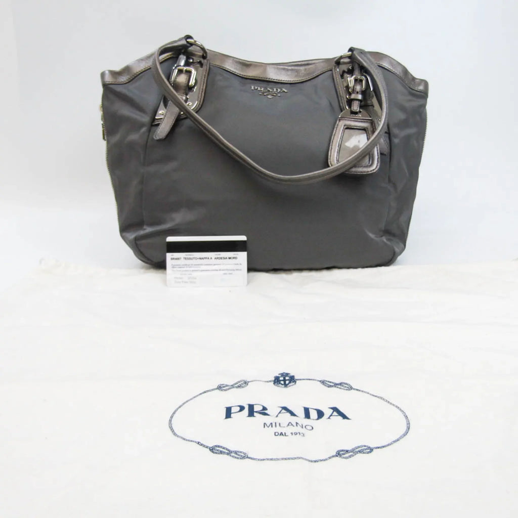 Pre-Owned Prada BR4007 Women's Tessuto,Leather Tote Bag Bronze,Gray (Good)