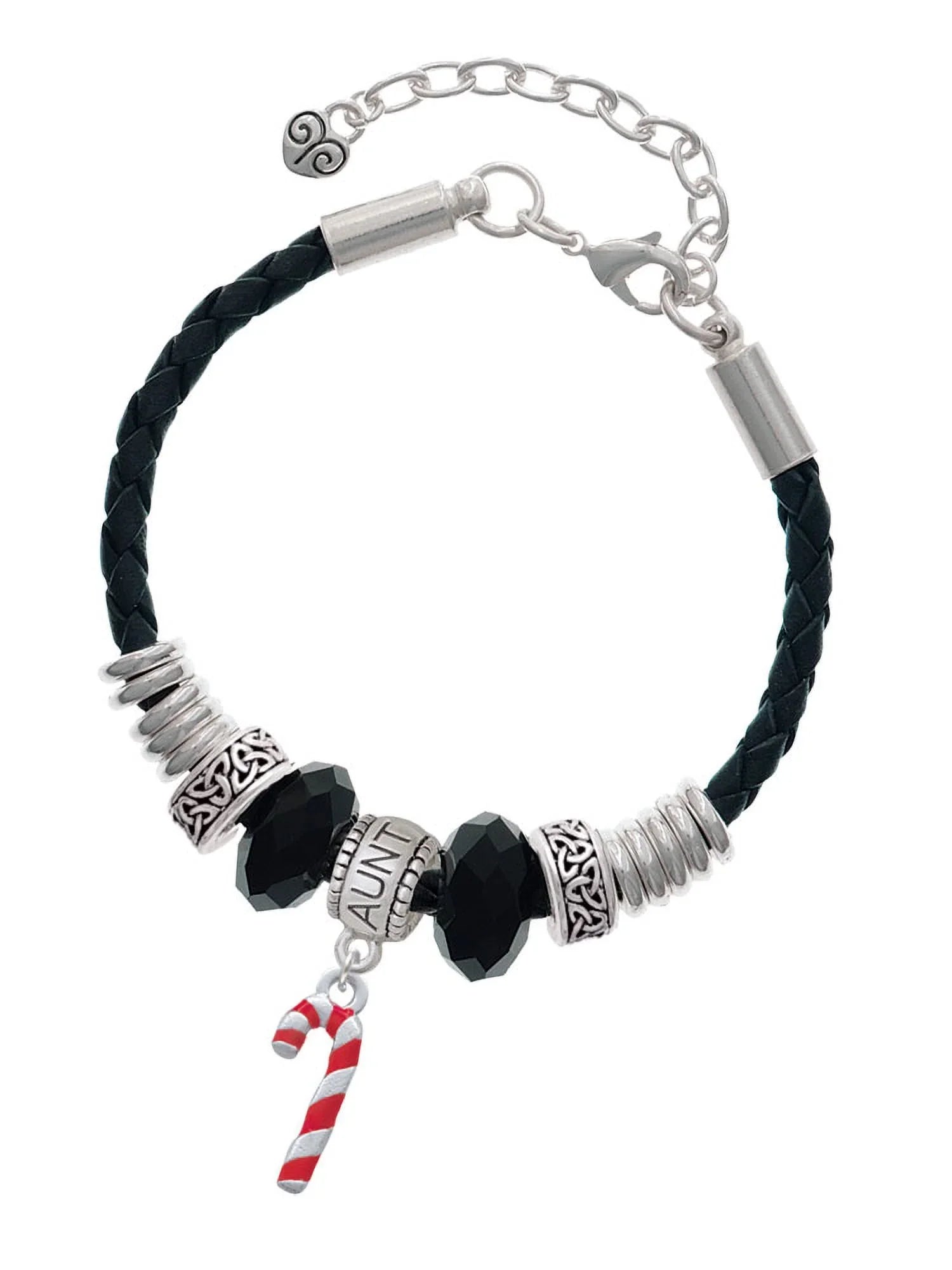 Delight Jewelry Silvertone 3-D Red Enamel Candy Cane Aunt Celtic Knot Leather Bead Bracelet, 7"+2" Extender