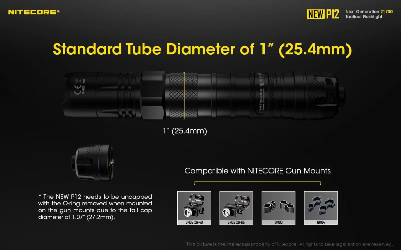 Nitecore New P12 Version  Flashlight - 1200 Lumens w/NL2150HPR Battery,  Cord, Offset Mount, RSW3 Pressure Switch,  and  3Amp Wall Adapter