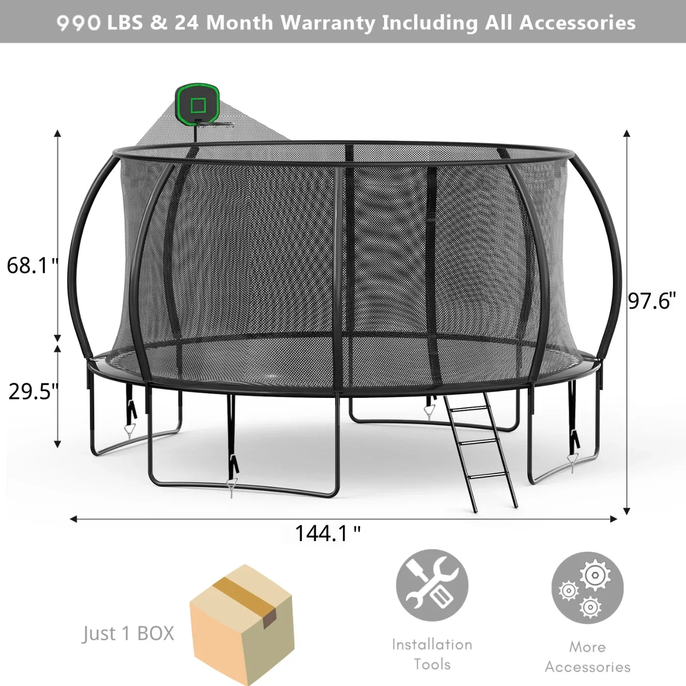 12FT 990LBS Trampoline with Basketball Hoop for Kids,Pumpkin Outdoor Trampoline with Enclosure Net,Sprinkler,Light,Socks,Ladder, Recreational Backyard Trampoline Capacity for 4-6 Kids