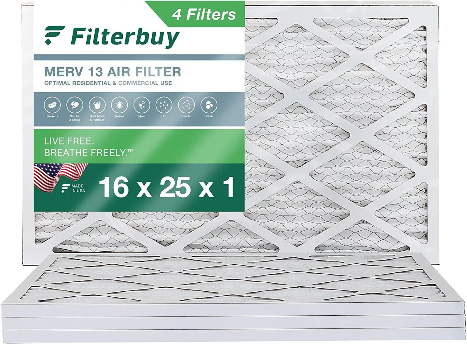 Filterbuy 16x25x1  13 Pleated   Furnace Air Filters (4-Pack)