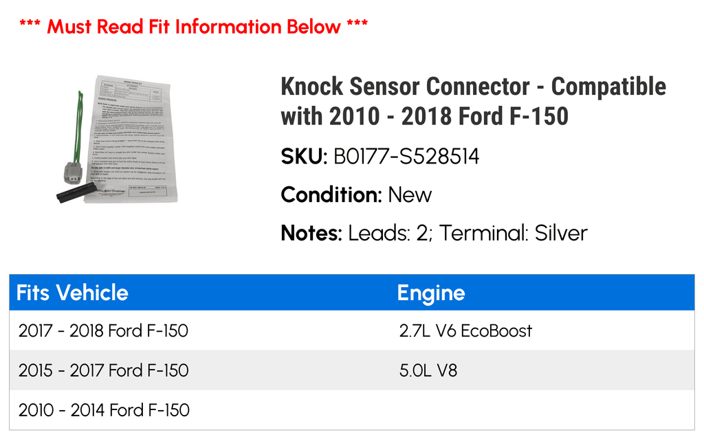 Knock Sensor Connector - Compatible with 2010 - 2018 Ford F-150 2011 2012 2013 2014 2015 2016 2017