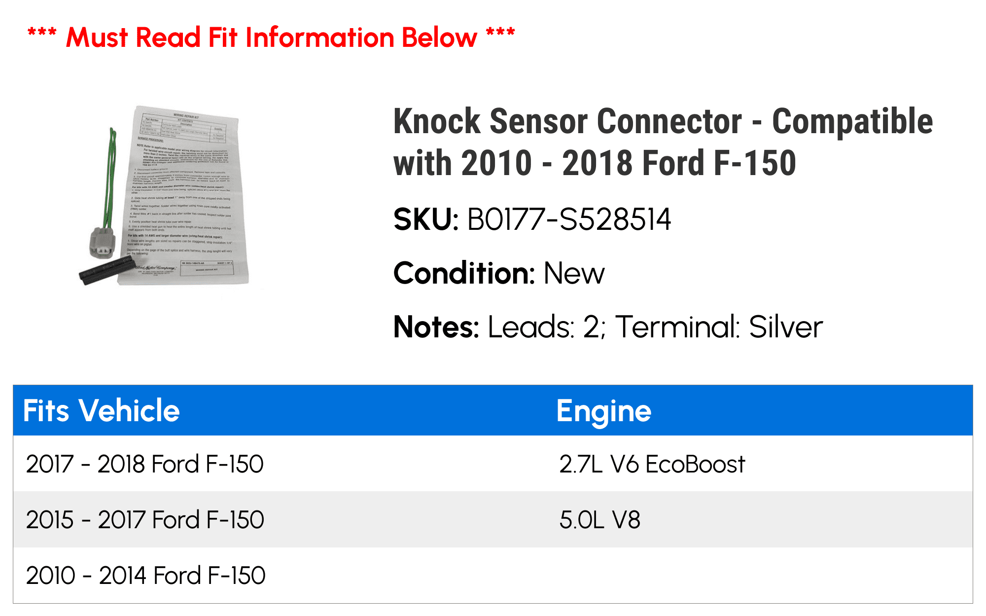 Knock Sensor Connector - Compatible with 2010 - 2018 Ford F-150 2011 2012 2013 2014 2015 2016 2017