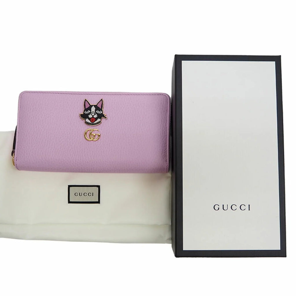 Pre-Owned  Gucci 499337  Marmont Bosco Zip Around Wallet Round Purse Light Pink Dog Boston Terrier (Like New)