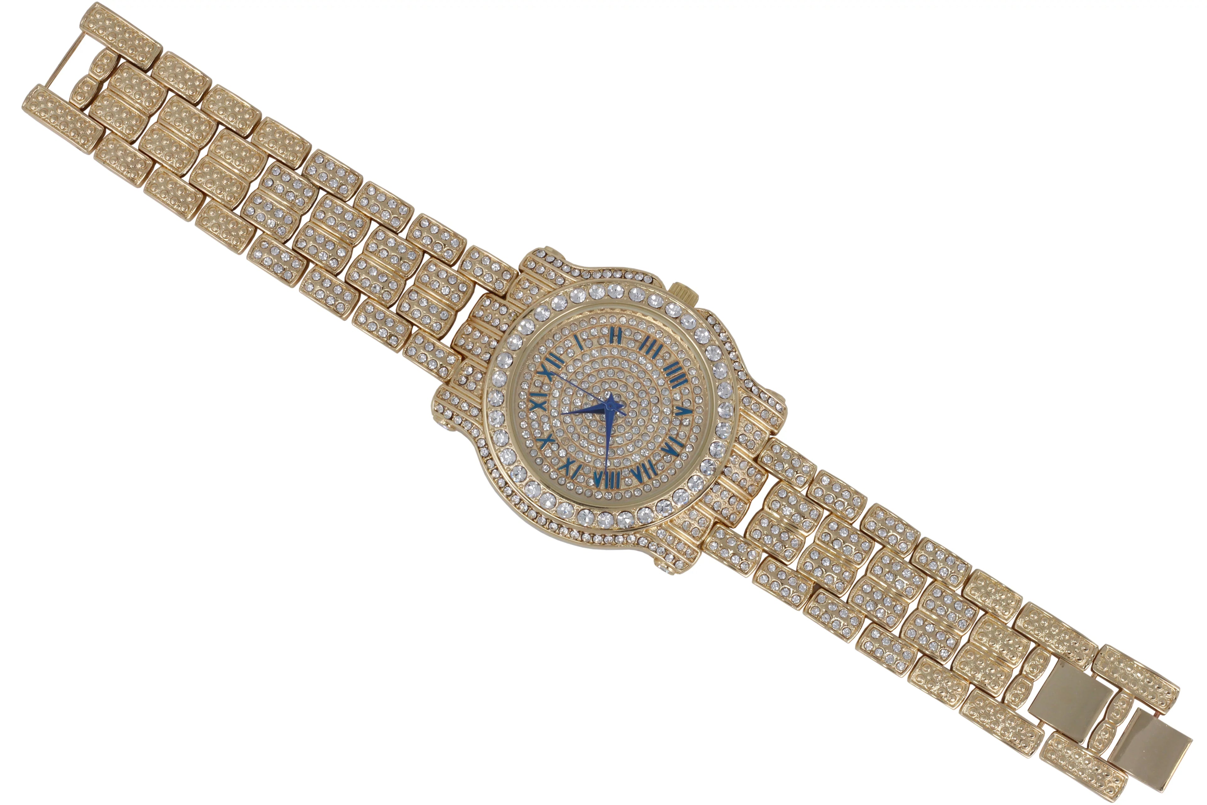 Bling-ed Out Round Luxury Mens Watch w/Bling-ed Out Cuban Bracelet and Iced King Ring Set - L0504  3pc Set(11,Gold #Blue)