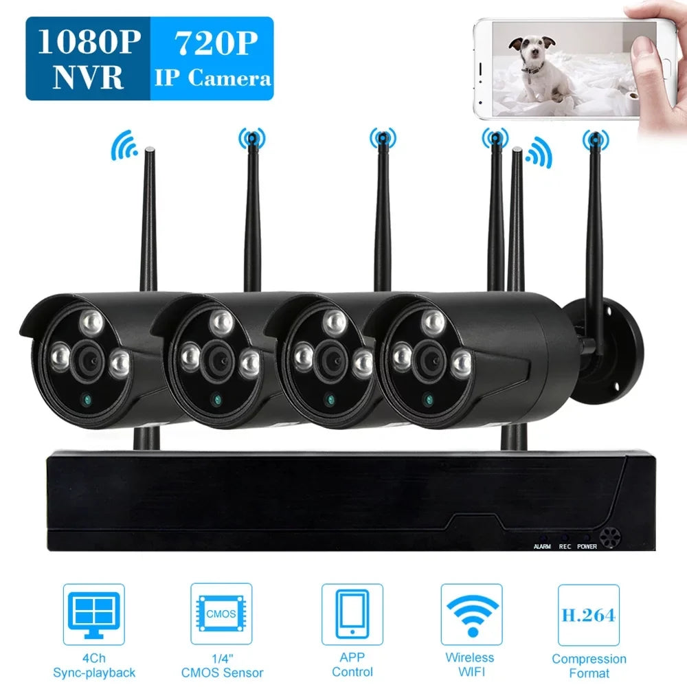 Radirus Wireless  System, 4pcs 1.0MP WiFi  Camera, 4CH 1080P  Kit, Phone Control