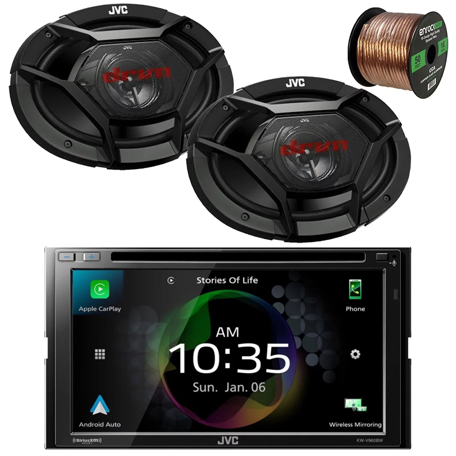 '-V960BW Double  / Radio Dual  Bluetooth / Player Car Receiver Bundle Combo with 2x 6x9" 3-Way Coaxial 500 Watts Max Power Automotive Car Audio Speakers and 16G Speaker Wire