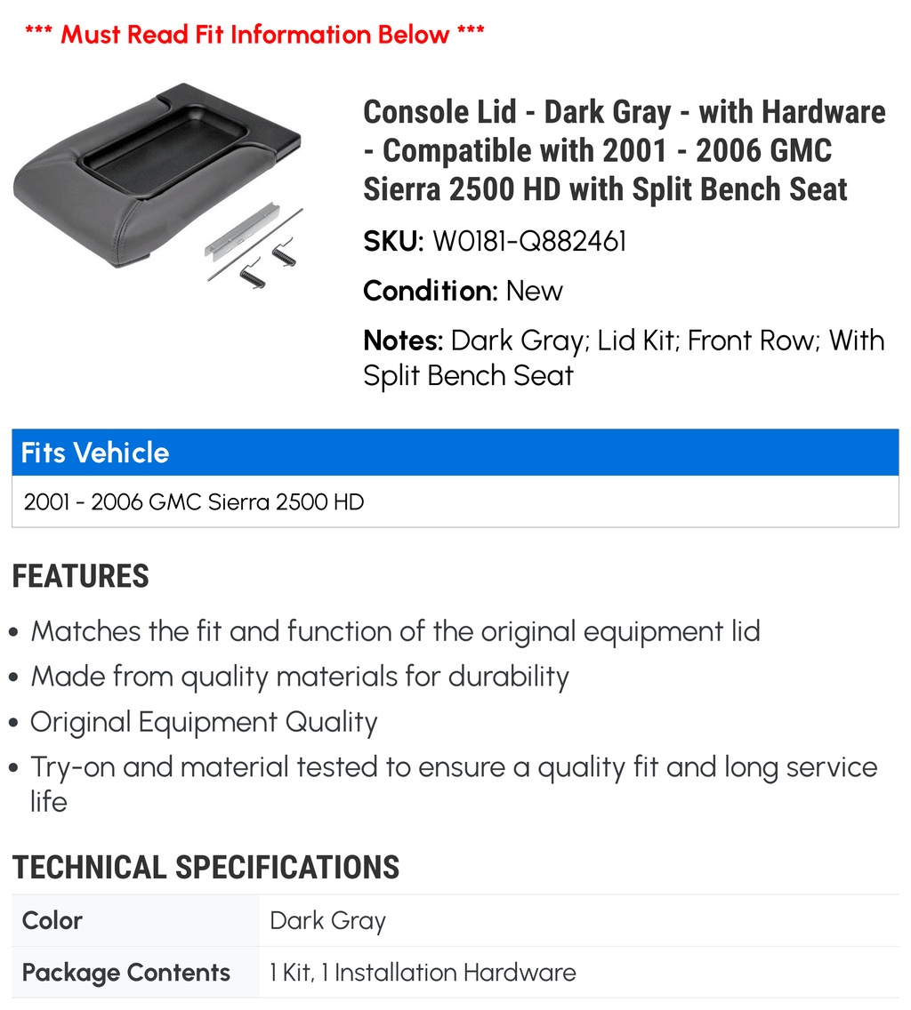 Console Lid - Dark Gray - with Hardware - Compatible with 2001 - 2006  Sierra 2500  with Split Bench Seat 2002 2003 2004 2005